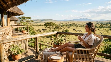 Fototapeta premium Woman enjoying coffee on safari lodge balcony with elephants in the distance