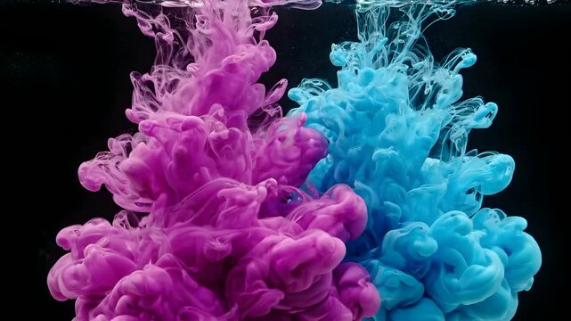 Vibrant colored ink diffusing in clear water creating abstract liquid smoke patterns