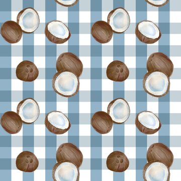 Cute seamless pattern with watercolor coconuts on light blue plaid blanket 