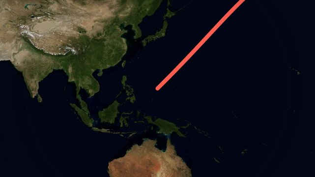 Landscape animated map route from New York City to Bali