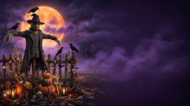 Spooky Halloween scarecrow with pumpkins and crows under a glowing full moon night sky.