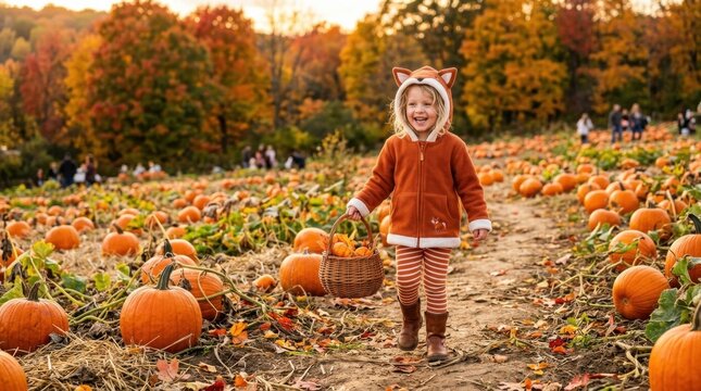 Child in Fox Costume Walking in Pumpkin Patch