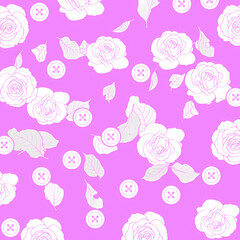 Fototapeta premium Seamless Pink Rose Flower Leaf Button Pattern Girly Vintage Background Illustration