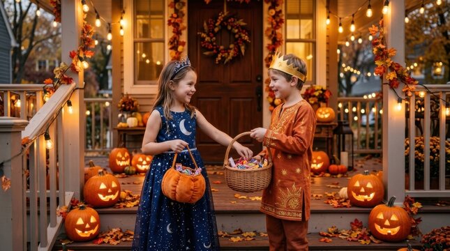 Two Children in Costumes on Decorated Porch