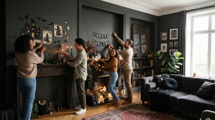 Obraz premium Friends decorating a living room for Halloween with spooky ornaments and lights