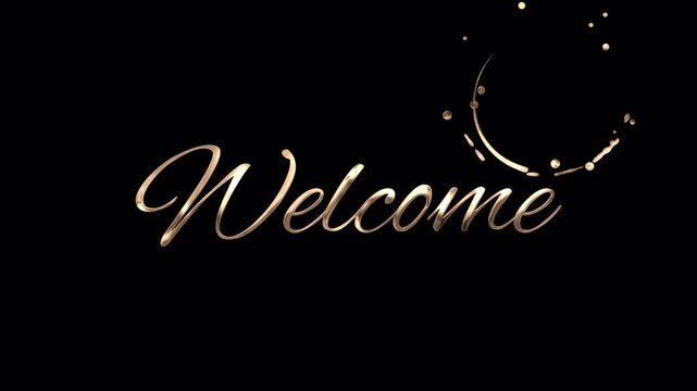 Luxury gold cursive Welcome text animation featuring liquid metallic effects and shimmering particles on a black background for elegant greeting vfx and alpha channel overlays