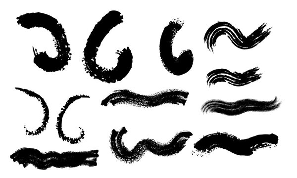 Black grunge brush strokes and curved lines set isolated on white background