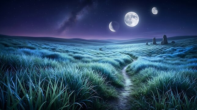 Surreal fantasy night landscape with multiple moons shining over a dark grassy field and a glowing path