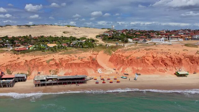 Aerial View of Coastal Village and Red Cliffs, Canoa Quebrada, Brazil
