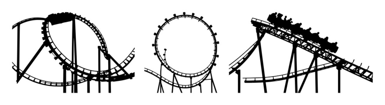 Roller coaster set with bold black silhouette on pristine white background featuring amusement park, thrill ride, carousel with ticket booth and coaster track