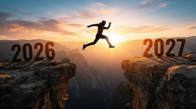 Silhouette of a man jumping over a gap from year 2026 to 2027 during a beautiful golden sunset sky