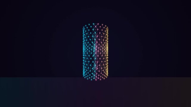 Glowing cylinder structure consisting of connected digital nodes rotating in this smooth 3d motion video footage