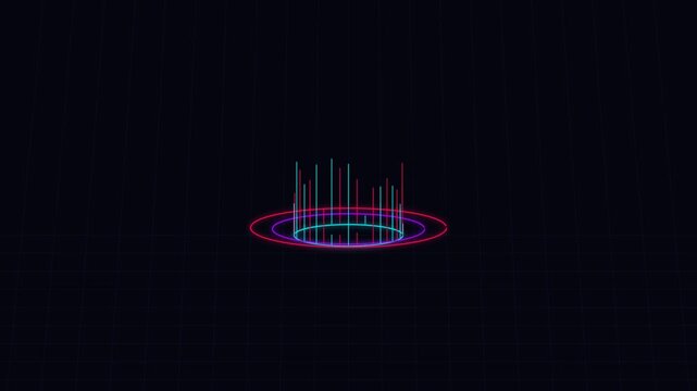 Glowing neon audio equalizer rings pulsating in rhythmic motion within this digital cyberspace 3d animation clip