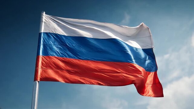 russian flag waving in blue sky. flag of russia