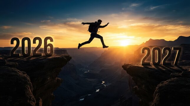 Silhouette of a man jumping from year 2026 to 2027 on a mountain cliff during a beautiful sunset