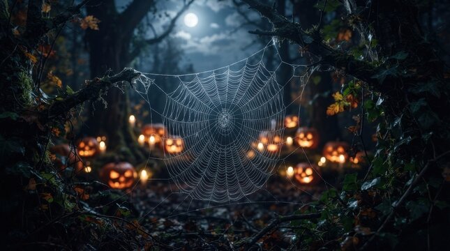 Giant Spider Web in Foggy Halloween Woods