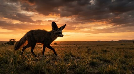 Naklejka premium Bat-eared fox walks through savanna grass at sunset with dramatic clouds