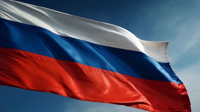 russian flag waving in blue sky. flag of russia