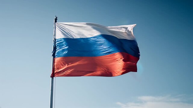 russian flag waving in blue sky. flag of russia