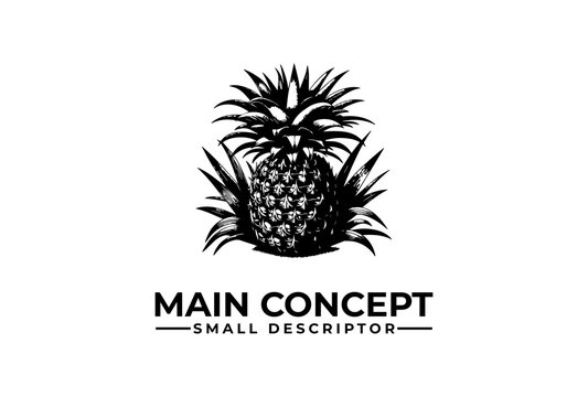 Pineapple logo emblem displays a detailed hand drawn tropical fruit illustration.