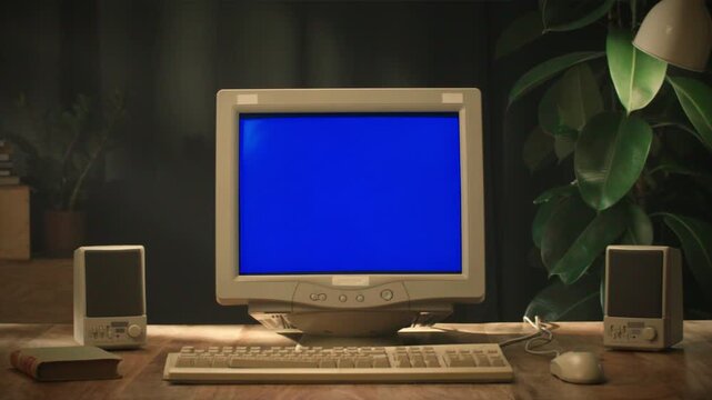 Retro PC Computer on Desk with Chroma Key Green Screen Background Vintage Technology Studio Setup Concept