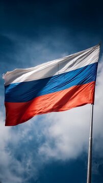 russian flag waving in blue sky. flag of russia