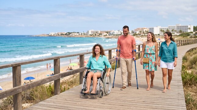 Friends explore a coastal boardwalk with confidence