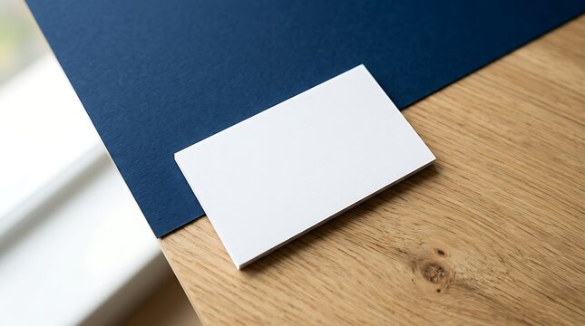 Blank white business card on a dark blue paper sheet on a wooden table desk
