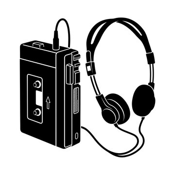 Vintage portable tape cassette vector and headphones illustration