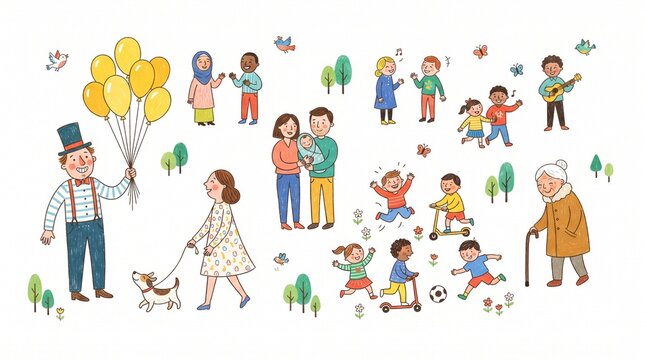 Diverse Group of People in Different Poses and Situations, Cartoon Family, Children, Business Team, School and Sports Characters, Friendship and Happiness Vector Illustration Set