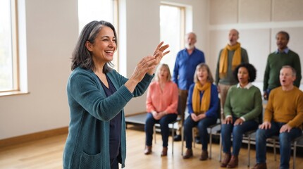 Fototapeta premium Choir director guides a joyful vocal warmup