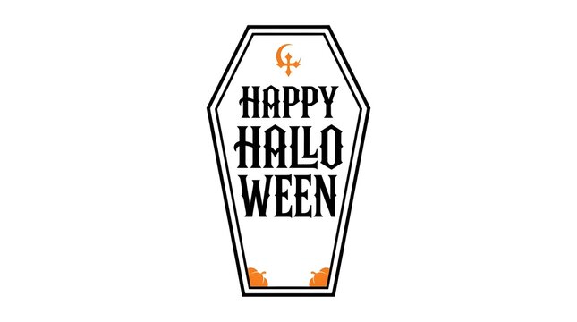 A creative halloween typography design featuring the text happy halloween inside a spooky coffin shape isolated on a white background for festive seasonal holiday graphic