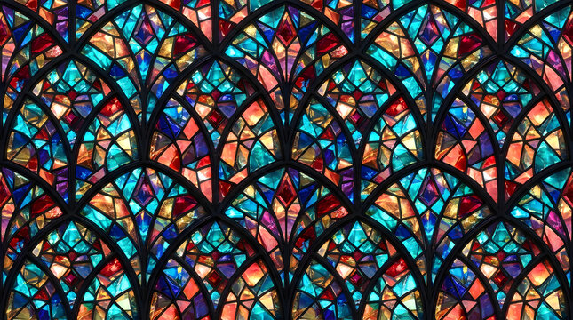 Colorful stained glass window pattern with arched fan shapes and mosaic tiles, colorful