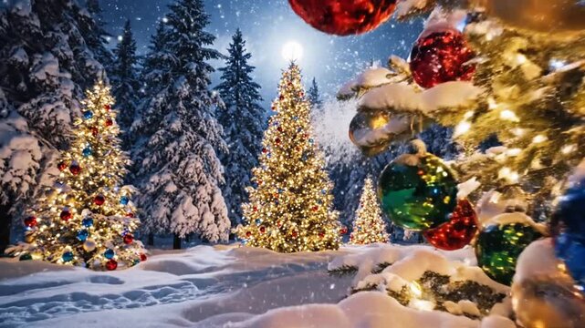 Decorated Christmas trees glow in a snowy forest at night with falling snow