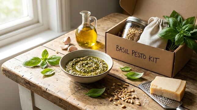 Basil Pesto Making Kit with Fresh Ingredients and Olive Oil on Rustic Wooden Table. basil pesto kit
