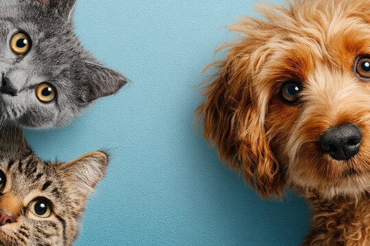 Cute dogs and cats peeking from corners on blue background template, Vector illustration of funny cats and dogs peeking from edges with copy space on light blue background for pet care frame.