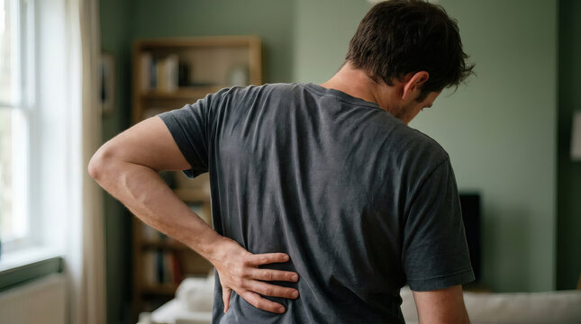 Man Holding Lower Back in Pain at Home Showing Backache Discomfort and Posture Strain