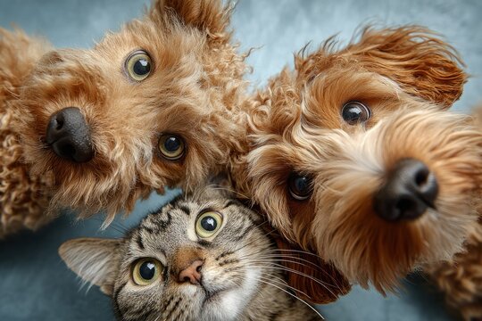 Cute dogs and cats peeking from corners on blue background template, Vector illustration of funny cats and dogs peeking from edges with copy space on light blue background for pet care frame.