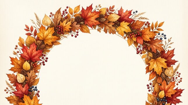 Beautiful decorative arch made of colorful autumn leaves and berries isolated on a plain white background