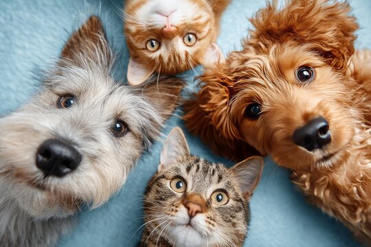 Cute dogs and cats peeking from corners on blue background template, Vector illustration of funny cats and dogs peeking from edges with copy space on light blue background for pet care frame.