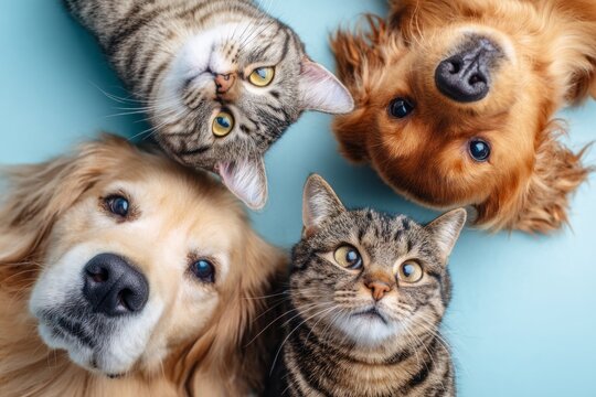 Cute dogs and cats peeking from corners on blue background template, Vector illustration of funny cats and dogs peeking from edges with copy space on light blue background for pet care frame.