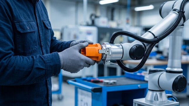 Engineer installs a robot gripping module in factory