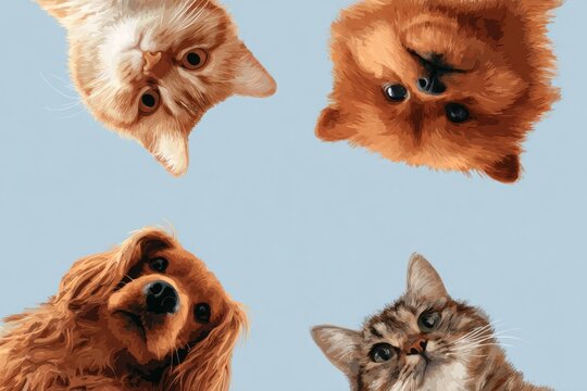 Cute dogs and cats peeking from corners on blue background template, Vector illustration of funny cats and dogs peeking from edges with copy space on light blue background for pet care frame.