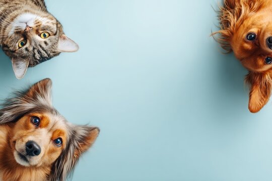 Cute dogs and cats peeking from corners on blue background template, Vector illustration of funny cats and dogs peeking from edges with copy space on light blue background for pet care frame.