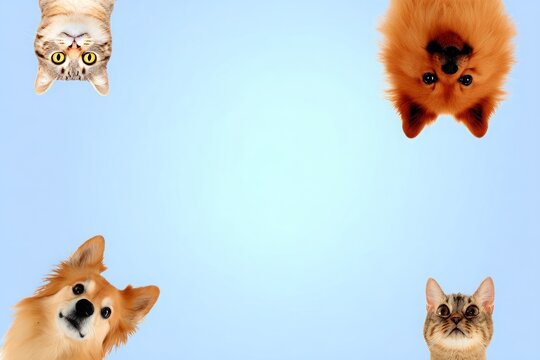 Cute dogs and cats peeking from corners on blue background template, Vector illustration of funny cats and dogs peeking from edges with copy space on light blue background for pet care frame.