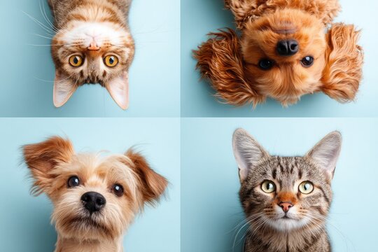 Cute dogs and cats peeking from corners on blue background template, Vector illustration of funny cats and dogs peeking from edges with copy space on light blue background for pet care frame.