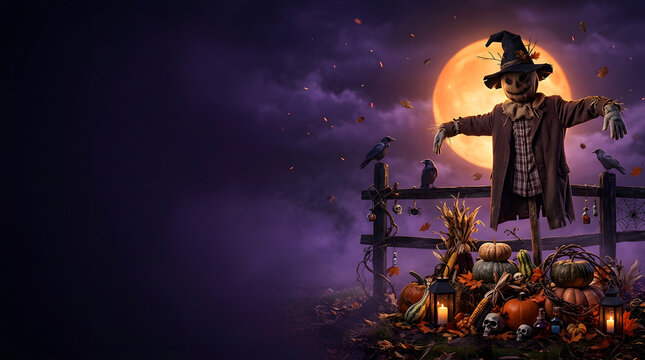 Scary scarecrow standing in an autumn field under a full moon for Halloween night background