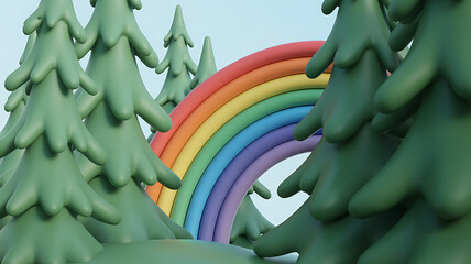 Fototapeta premium Stylized 3D forest landscape with colorful rainbow, whimsical green pine trees, playful claymation style nature scene