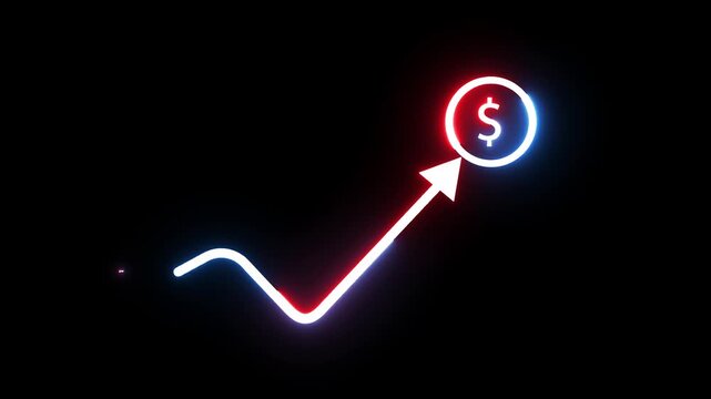 Neon dollar sign graph rising upward with glowing red and blue light effect motion clip.