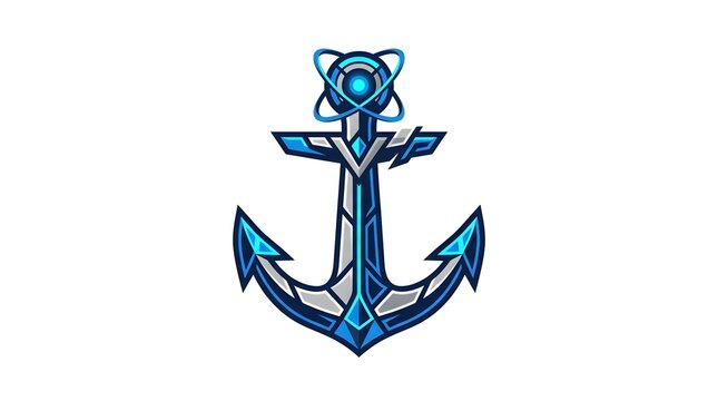 Futuristic anchor logo icon with glowing atom symbol
